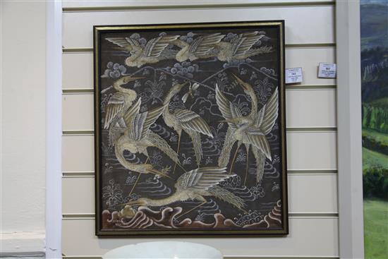 I. Wayan Gerudug (1905-1989) Cranes with frogs and insects in a landscape, 18.5 x 16.5in.